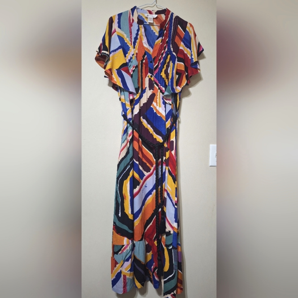 Pink Pineapple Abstract Rayon Flutter Sleeve Maxi Dress with Pockets Small Boho - Picture 9 of 9